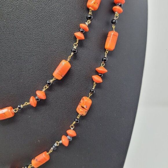 Vintage 30's Art Deco Orange Black Art Glass Chain Linked Flapper Necklace - Picture 4 of 12